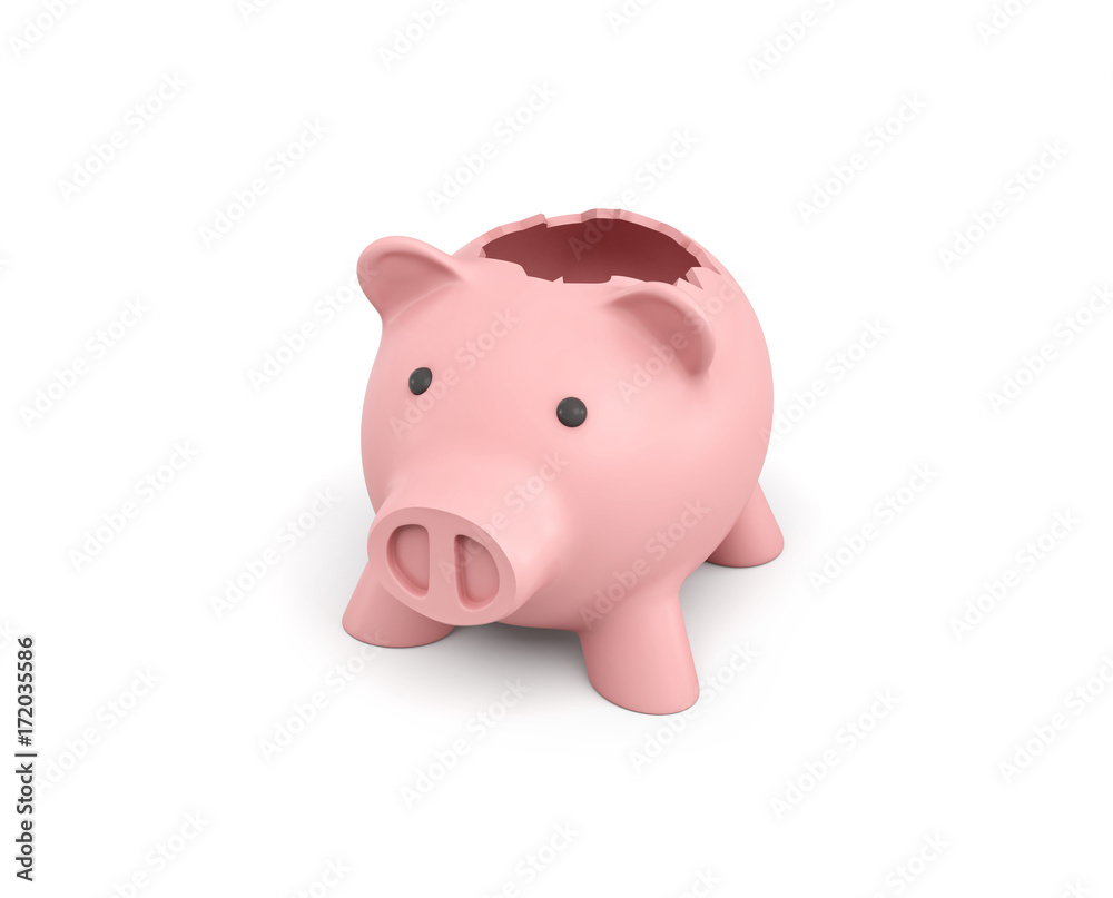 3d rendering of a pink ceramic piggy bank with a broken top on white background. 3d rendering of a pink ceramic piggy bank with a broken top on white background.