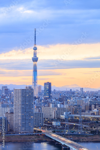 view of tokyo city with tokyo sky tree at sunset time © pigprox