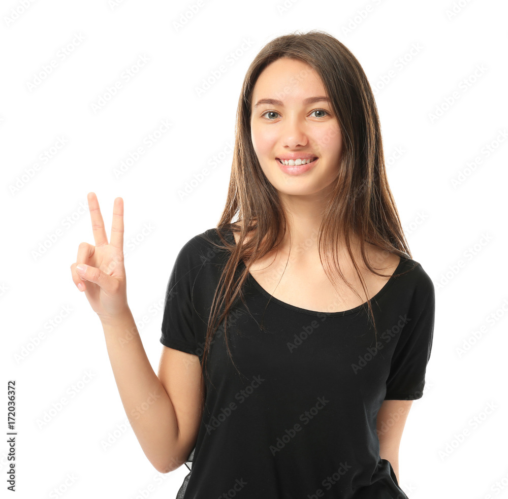 Pretty teenage girl posing on white background Pretty teenage girl posing on white background
