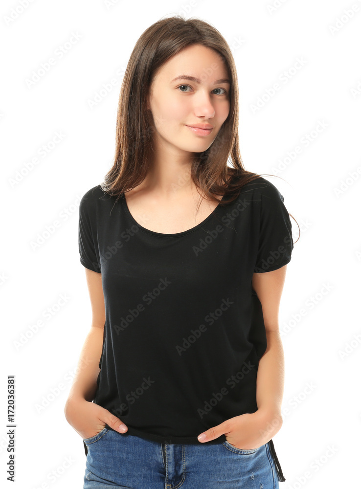 Pretty teenage girl posing on white background Pretty teenage girl posing on white background