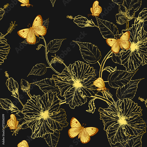 Butterfly and Hibiscus flower pattern by hand drawing.Tattoo art highly detailed in line art style.Fish and flower seamless pattern on batik cloth.