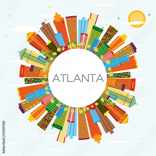 Atlanta Skyline with Color Buildings, Blue Sky and Copy Space.