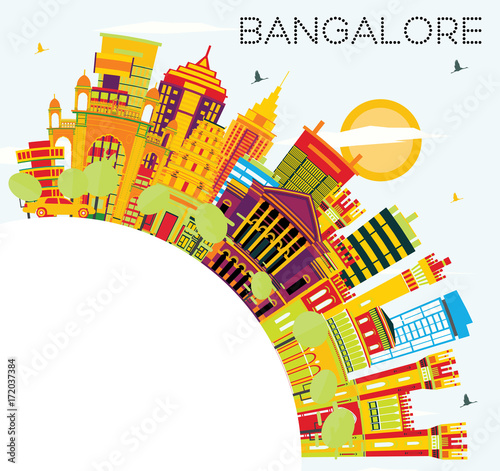Bangalore Skyline with Color Buildings, Blue Sky and Copy Space.