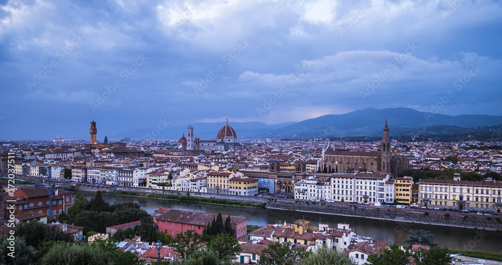 Aerial view over the city of Florence in Tuscany in the evening