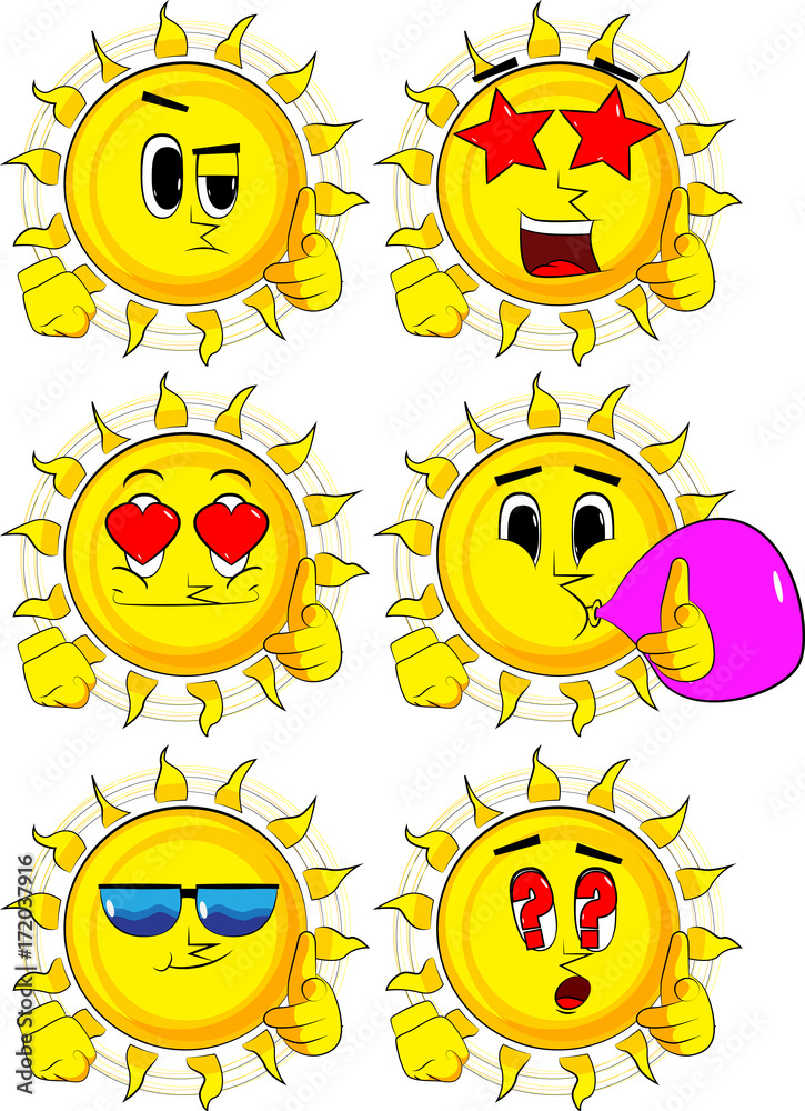 Cartoon sun with pointing hand at the viewer. Collection with various facial expressions. Vector set.