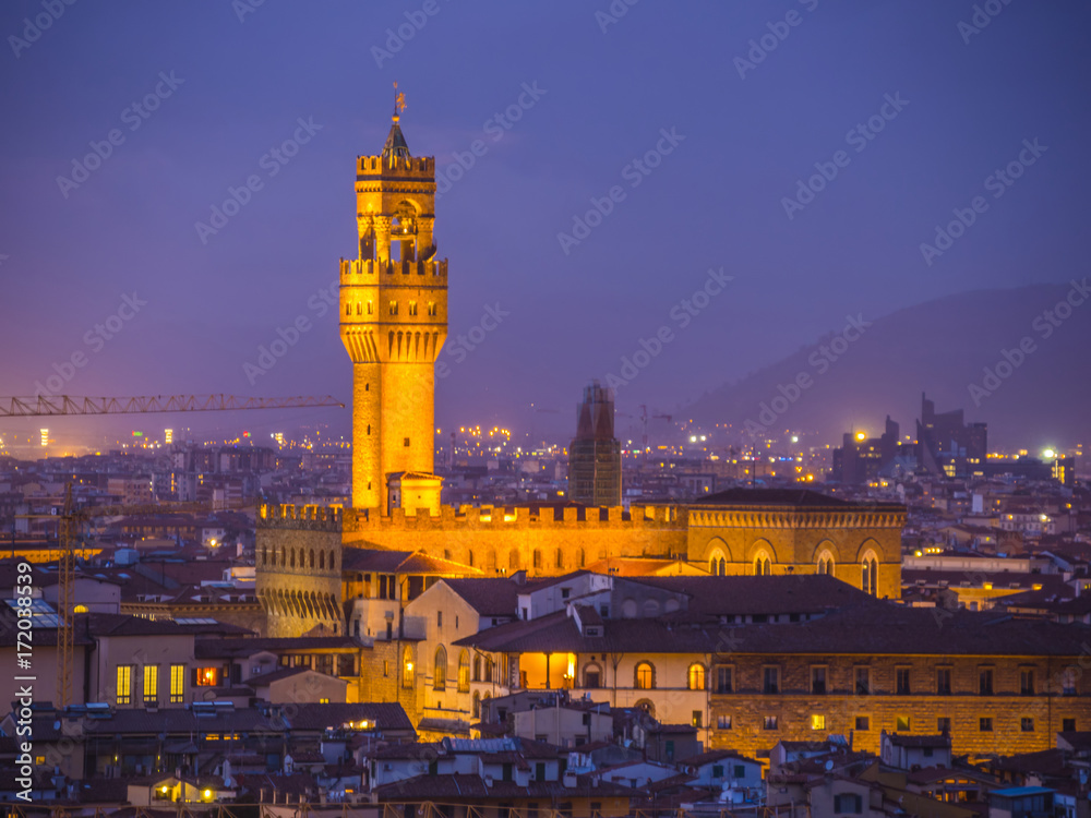Palazzo Vecchio in Florence in the evening - aerial view