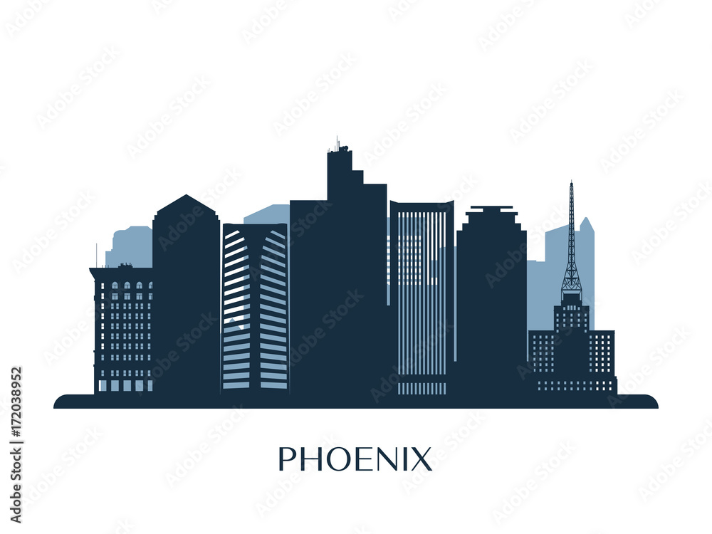 Phoenix skyline, monochrome silhouette. Vector illustration.