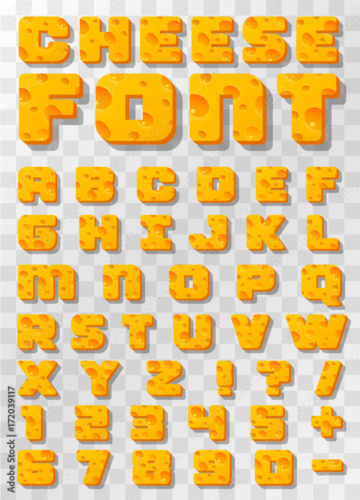 Cheese font Letters and numbers on a transparent background . Vector