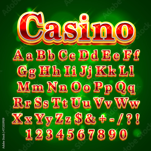 Casino golden english alphabet font on the green background. Vector illustration