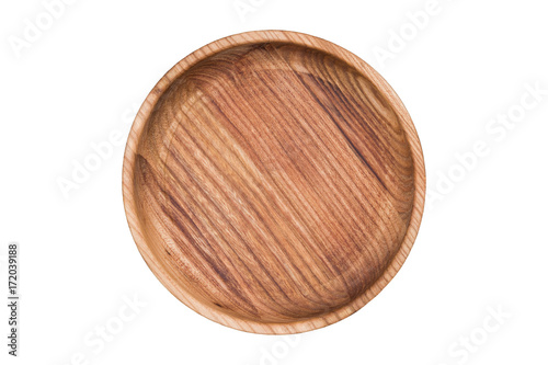 Cooking bowl made of natural wood, isolated on white background, closeup, top view