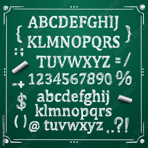 Sketch Cyrillic font, Board with a set of sketch symbols, Sketch font alphabet and numbers, Vector illustration