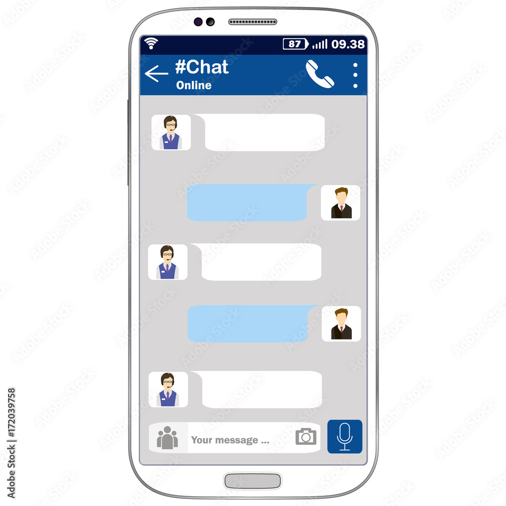 Vector mobile phone chat interface to contact the support administrator. Messenger app.