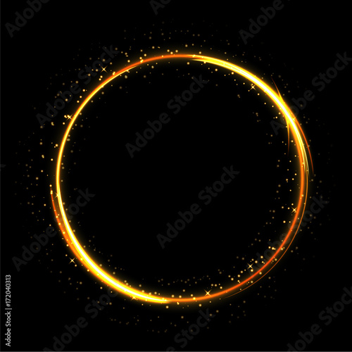 Light sparkling circle on black background. Fire ring glowing trace. Vector fire gold circle.