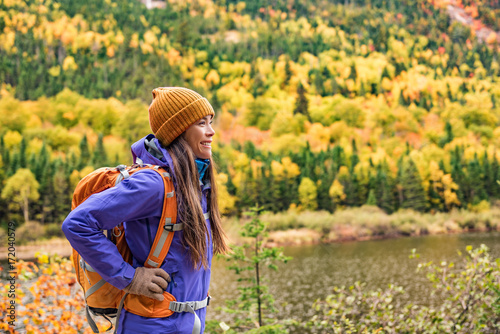 Photography Autumn hiker girl outdoor in nature forest lake backpacking for camping travel trip