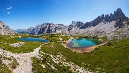 Small lakes beneath rifugio Locatelli. Crode Fiscaline, Croda del Toni and Monte Paterno around