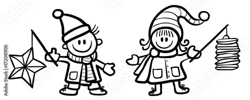 Illustration: Mädchen und Junge mit Laternen / Vektor, freigestellt