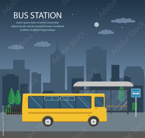 Bus at the bus stop on background of night city. Transport concept of passenger transportation.	