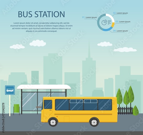 Bus at the bus stop on background of city. Transport concept of passenger transportation.	