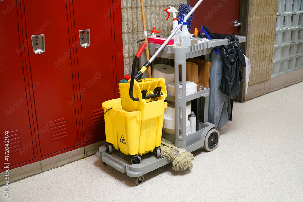School building interior cleaning work tools