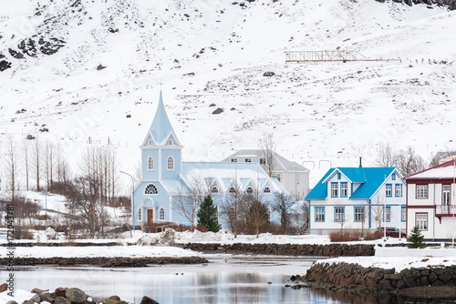 Beautiful church among the mountains in winter.