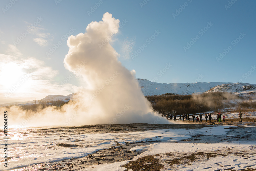 Geysir Hot Springs, The popular tours to the Icelandic geysers in the Golden Circle. Active Geothermal area in Iceland. Geysir Hot Springs, The popular tours to the Icelandic geysers in the Golden Circle. Active Geothermal area in Iceland.