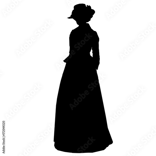 Vintage attractive female silhouette in victorian style. Antique dress, hat with feathers, curly hair, long skirt, jacket, long sleeves. For posters, prints, design, covers, fabric, textile, scrapbook