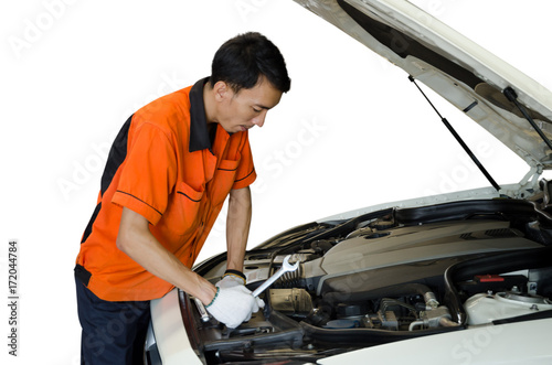 Portait Of Mechanic With Wrench On White Background