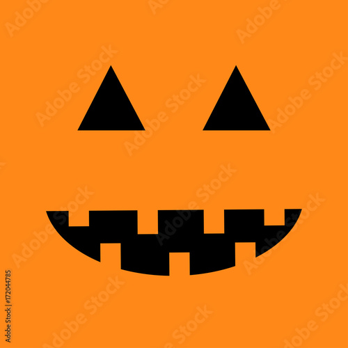 Pumpkin. Smiling face emotion. Big triangle eyes, smile mouse, teeth. Happy Halloween symbol. Cute cartoon funny baby character. Square head. Greeting card. Orange background. Flat design. photo