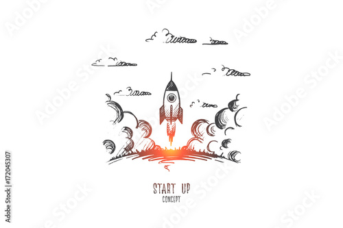 Start up concept. Hand drawn rocket flies up. Rocket as symbol of start up isolated vector illustration.