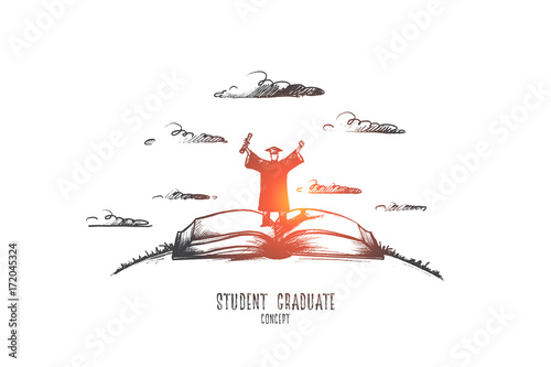 Student graduate concept. Hand drawn succesful student graduated. Person standing on book isolated vector illustration.