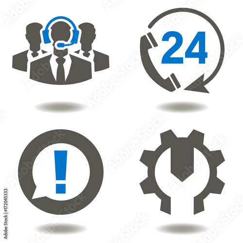 Call Centre Support Services Icon Set Vector. Assistance Illustrations. Maintenance Logo Symbols.