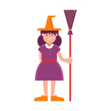 Smiling witch girl with broom stick cartoon illustration. Halloween child character in costume isolated on white background.