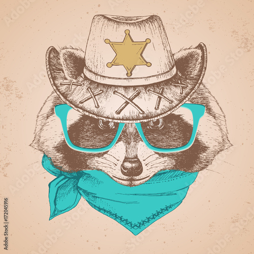 Retro Hipster animal raccoon. Hand drawing Muzzle of animal  raccoon