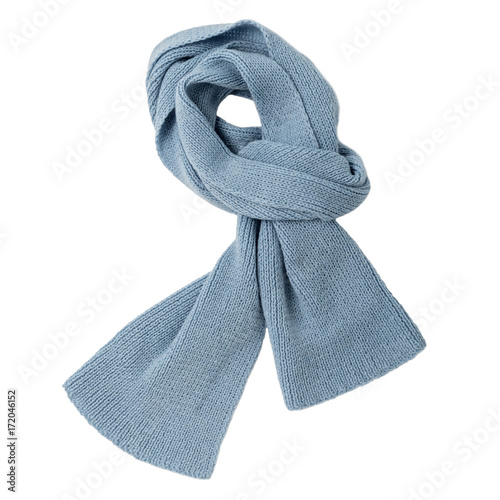 Knitted scarf of blue color on an isolated white background.