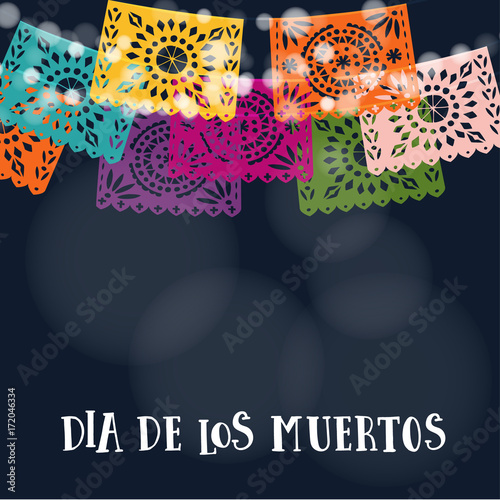 Dia de los Muertos or Halloween card, invitation. Mexican Day of the Dead. Garland of lights, handmade cut colorful party flags. Vector illustration background.