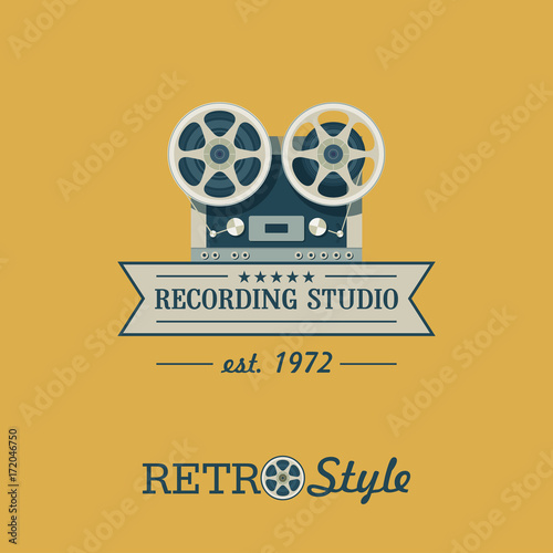 Reel to reel tape recorder. Vector logo. The emblem in retro style. Recording Studio.