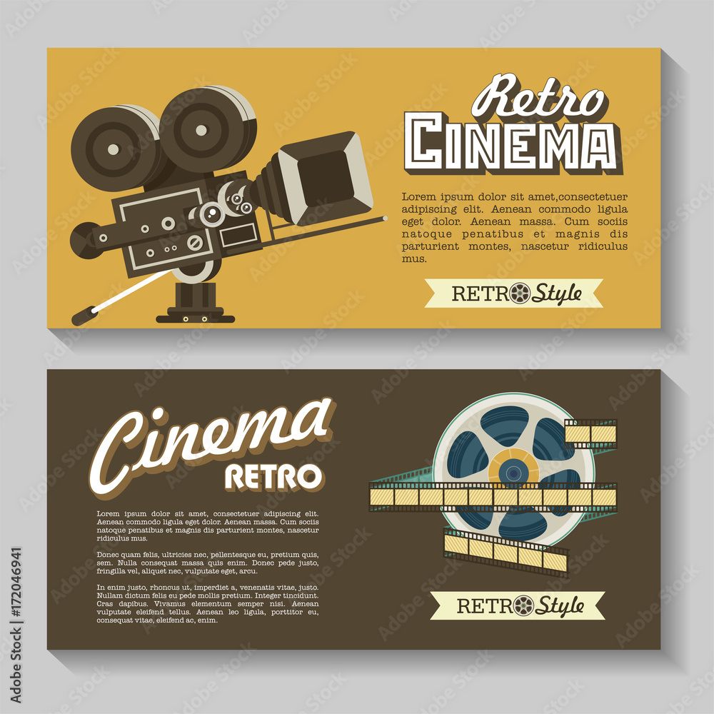 Set of vector banners, flyers. Retro cinema. Vintage movie camera