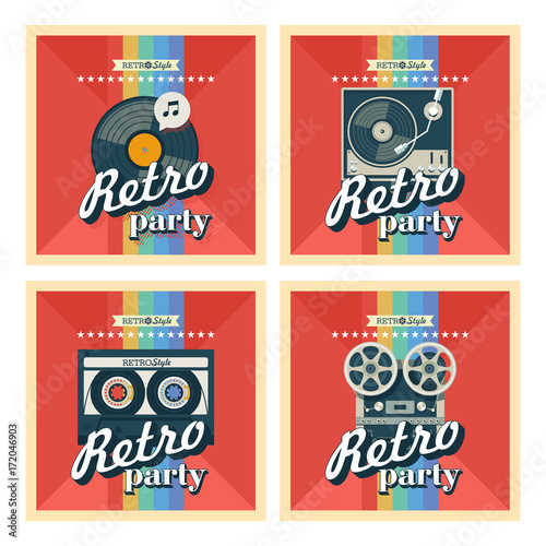 Set of four posters. Vector illustration. Retro party. Depicts a reel to reel tape, vinyl record, tape cassette, turntable for vinyl records.