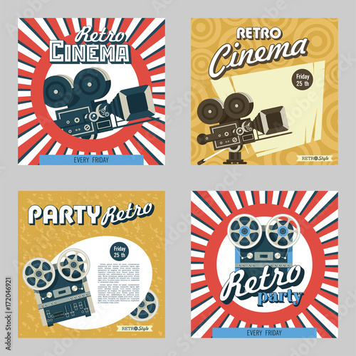 Set of four posters. Vector illustration. Retro cinema. Retro party. Depicts a vintage film camera and reel to reel tape recorder.