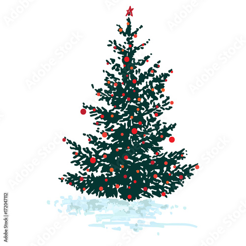 Festive fir tree with red balls isolated on white background