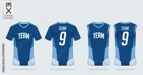 T-shirt sport design template for soccer jersey, football kit or basketball jersey. T-shirt uniform in front view and back view. Sportswear t shirt mock up for sport club. Vector Illustration. 
