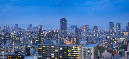 Osaka city Building night scene Panorama cityscape Background