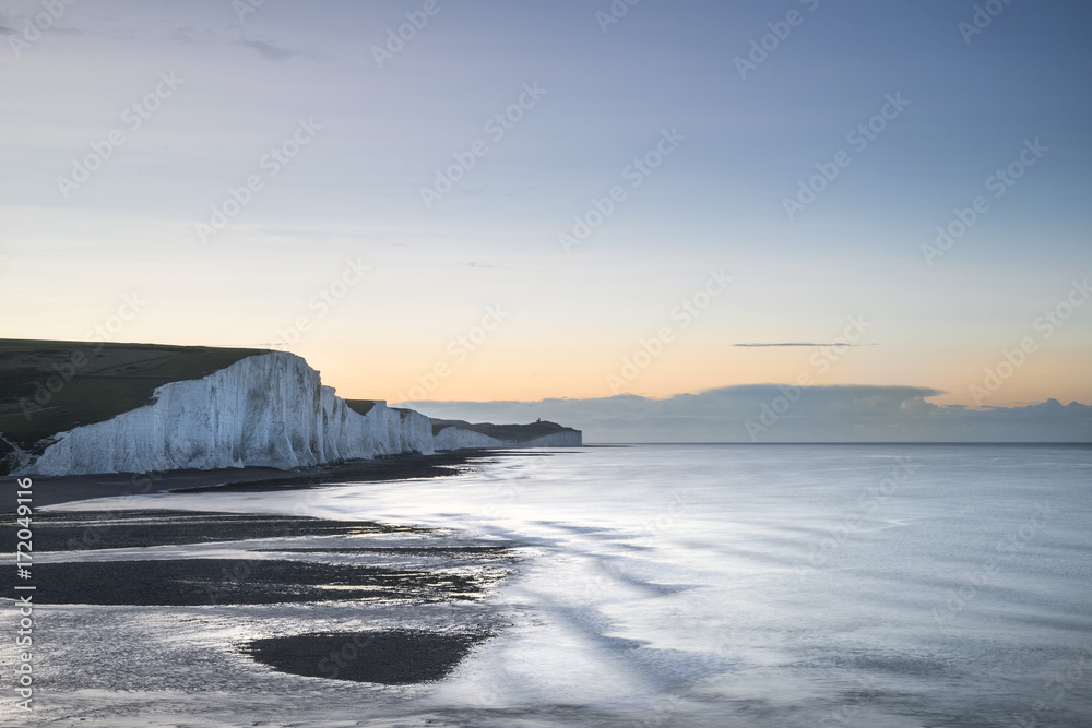 Beautiful dawn landscape of Seven Sisters cliffs landmark on English coast Beautiful dawn landscape of Seven Sisters cliffs landmark on English coast