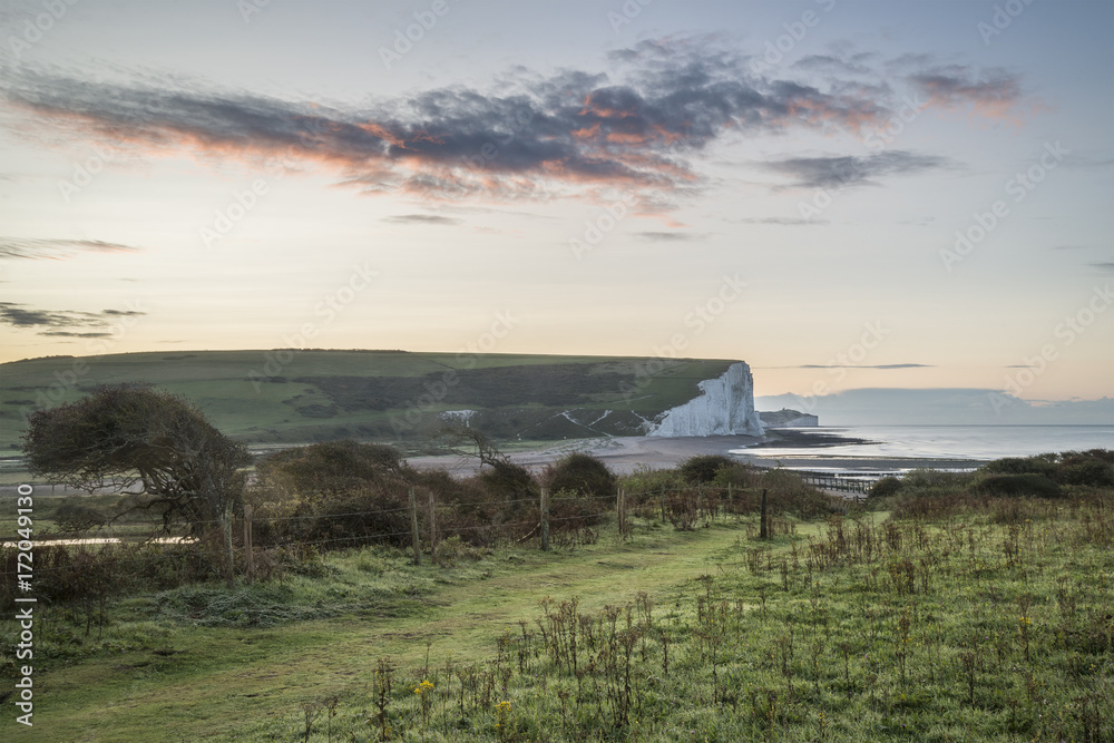Beautiful dawn landscape of Seven Sisters cliffs landmark on English coast
