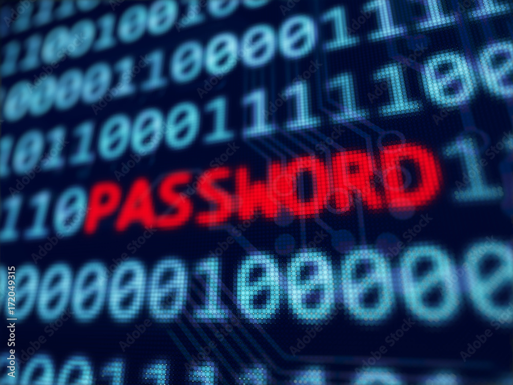 Password red text between blue binary data background blue screen 3d rendered with depth of field