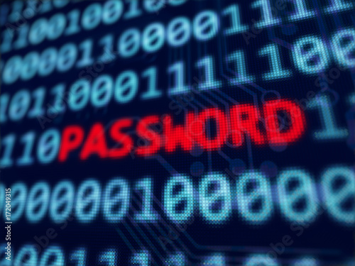 Password red text between blue binary data background blue screen 3d rendered with depth of field