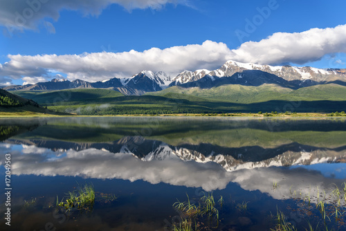 lake mountains reflection clouds morning