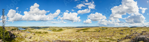 Panoramic view of clean lakes, rocks and hills on the Kola Peninsula