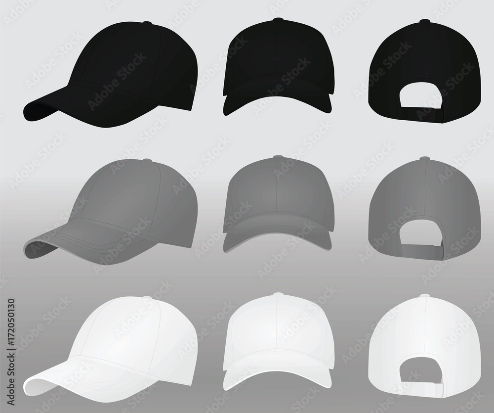 Baseball cap set. black grey and white. vector illustration Baseball cap set. black grey and white. vector illustration