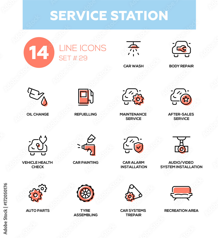 Fotografie Service station - modern vector single line icons set